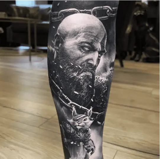 Kratos and Ratatoskr Realistic Leg Tattoo