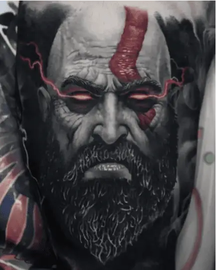 Kratos Glowing Eye and Red Mark Tattoo