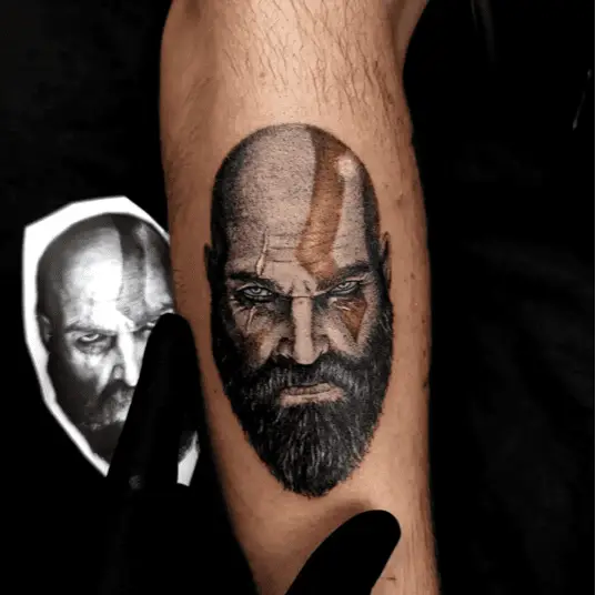 Kratos Head with Red Mark Arm Tattoo