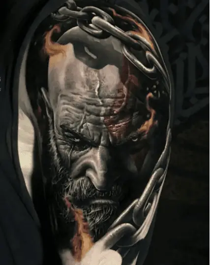 Flaming Kratos with Red Mark on his Head Upper Arm Tattoo