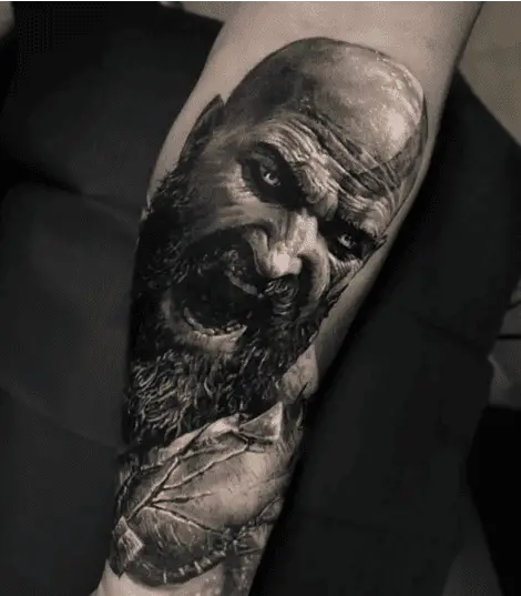 Black Ink Realistic Kratos Leg Tattoo