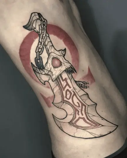 Omega Symbol and Blades of Chaos Rib Tattoo