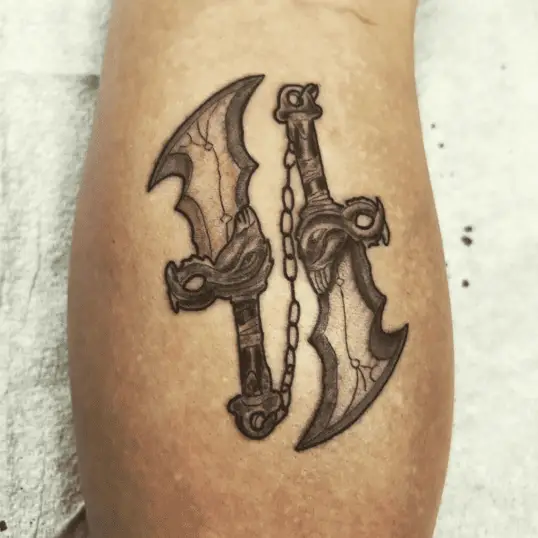 Blades of Chaos Calf Tattoo