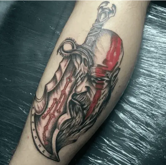 Blades of Chaos and Kratos Leg Tattoo