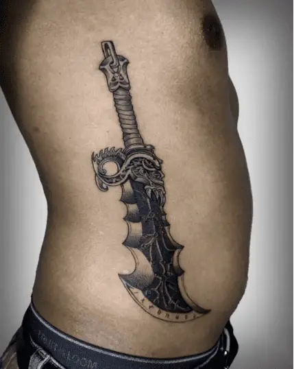 Black and Grey Blades of Chaos Rib Tattoo