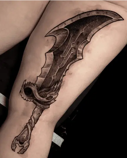 Black And Grey Blades of Chaos Thigh Tattoo