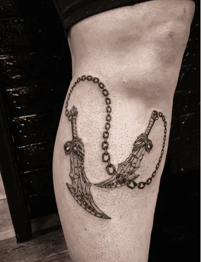 Chained Blades of Chaos Leg Tattoo