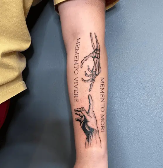 Memento Mori and Memento Vivere Skull and Human Hand Tattoo
