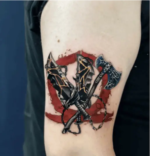 Colored Blades of Chaos and Leviathan Axe Upper Arm Tattoo