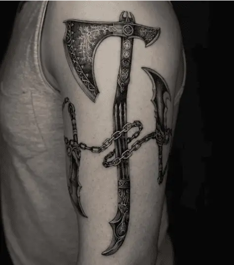 Realistic Kratos Weapons Arm Tattoo