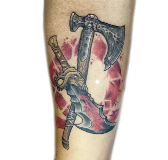 Colored Kratos Weapons Arm Tattoo