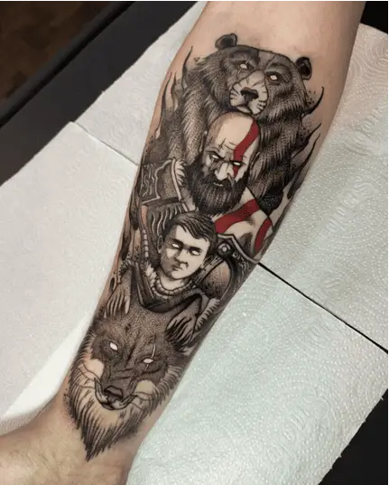 Wild Bear, Kratos, Atreus and Dog Arm Tattoo