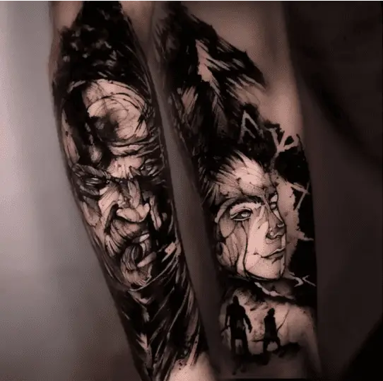 Black Work Atreus and Kratos Leg Tattoo
