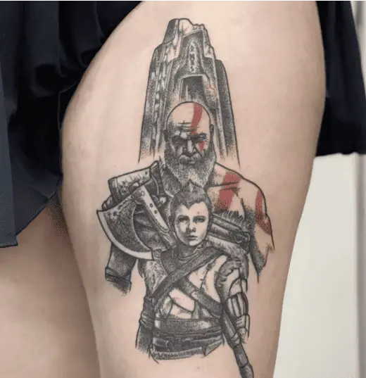 Sketched God of War Thigh Tattoo