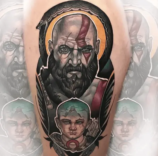 Colored Atreus and Kratos with Snake Tattoo