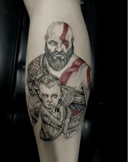 Kratos and His Child Arteus Leg Tattoo