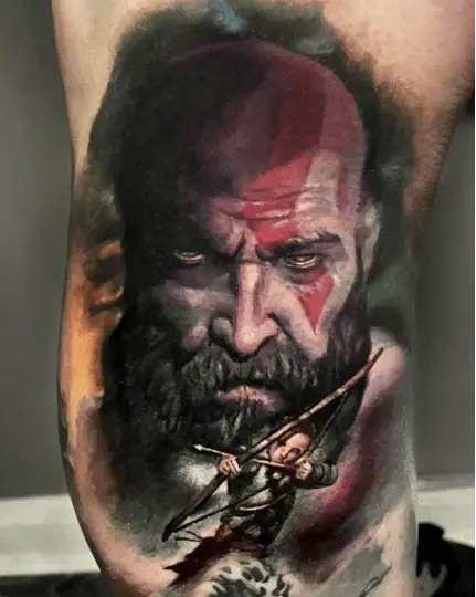 Realistic God of War Artwork Leg Tattoo