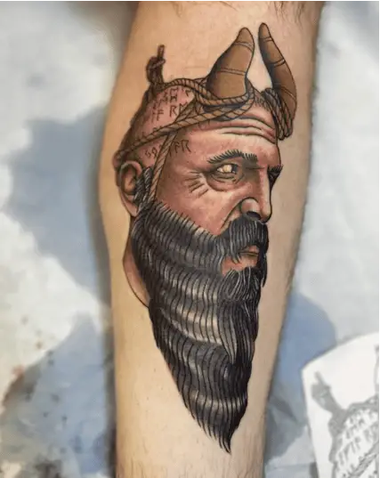 Colored Mimir Head Leg Tattoo
