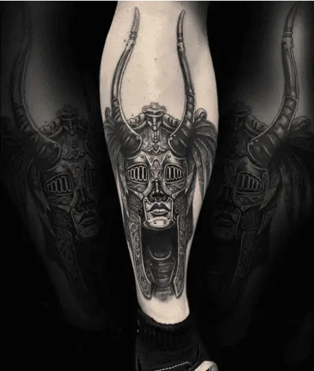 Black and Grey Detailed Valkyrie Leg Tattoo