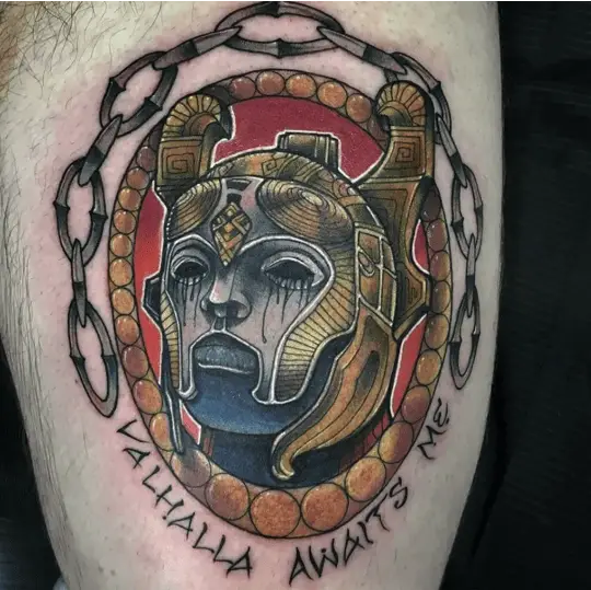 Colored Circle Valkyrie with Chains Thigh Tattoo