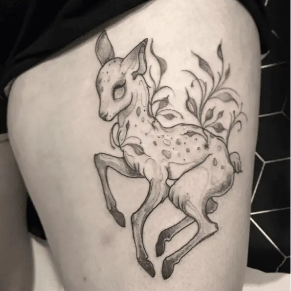 Lovely Fawn with String Leaves Thigh Tattoo