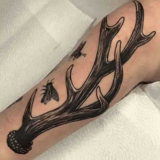 Single Antlers with Flies Leg Tattoo