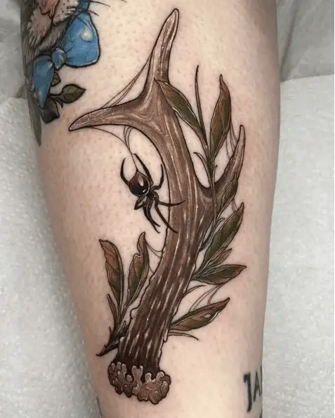 Leaves and Spider in the Deer Antler Leg Tattoo