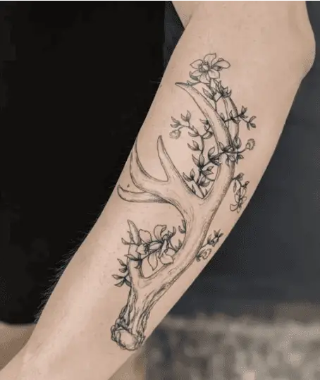 Blossoms Interlaced with Deer Wood Arm Tattoo