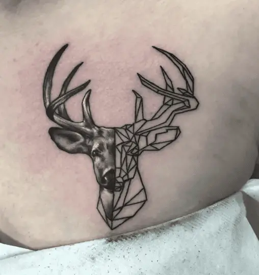 Half Realistic Half Geometric Deer Head Tattoo