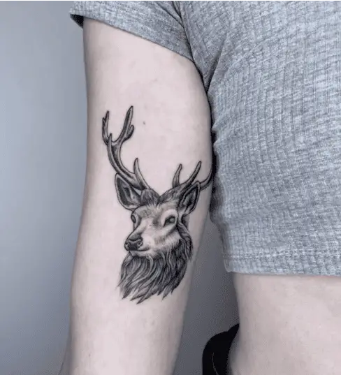 Side View of Male Deer Head Upper Arm Tattoo
