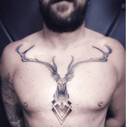 Deer Head with Big Antlers Chest Tattoo