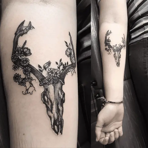 Deer Skull With Flower Arm Tattoo