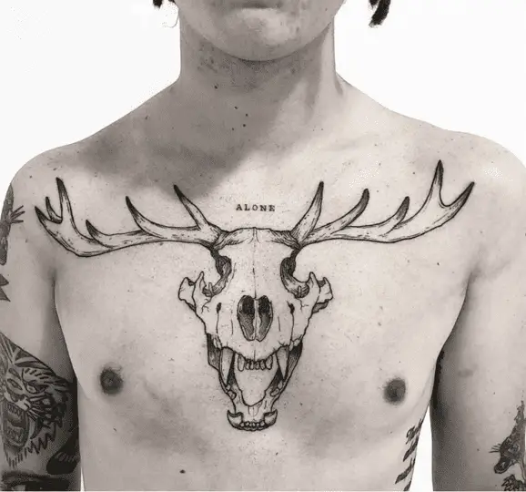 Deer Skull with Fangs Teeth Chest Tattoo