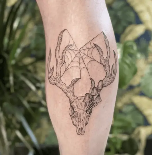 Spider Webs and Mushrooms in Deer Skull Leg Tattoo