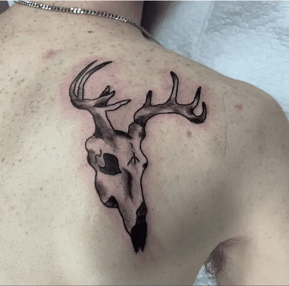Black and Grey Deer Skull Back Tattoo