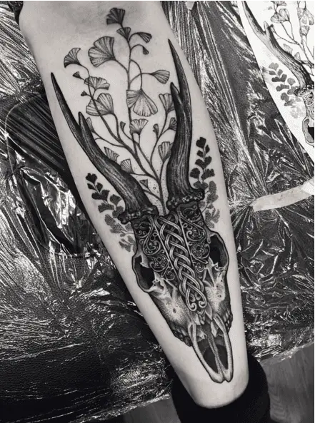 Floral Deer Skull Arm Tattoo