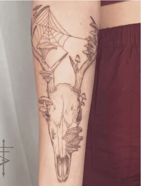 Growing Mushrooms in Deer Skull Arm Tattoo