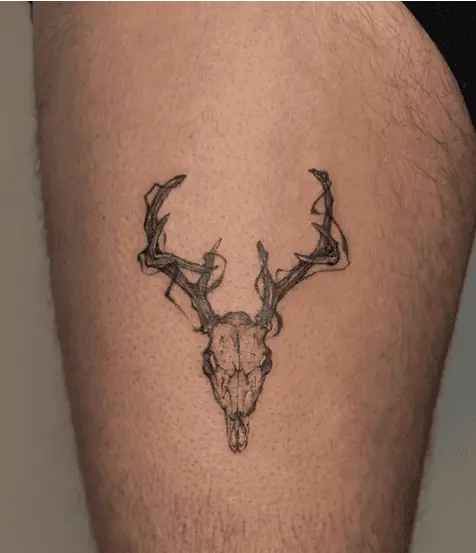 Smoke Effect Deer Skull Thigh Tattoo