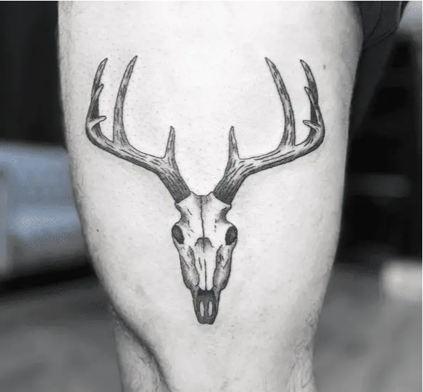 Deer Skull with Antlers Thigh Tattoo