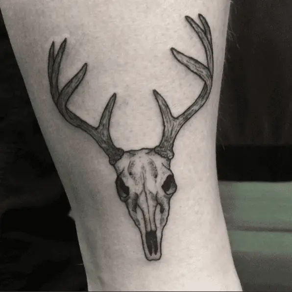 Black Ink Deer Skull Leg Tattoo