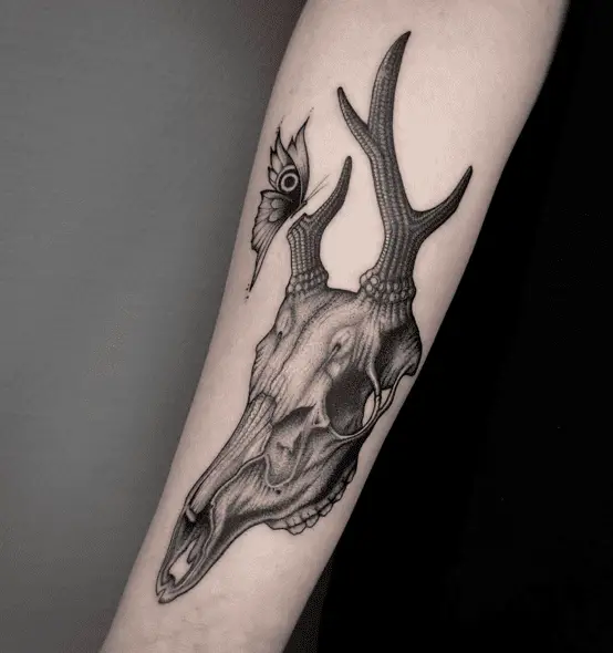 Deer Skull and Mariposa Arm Tattoo