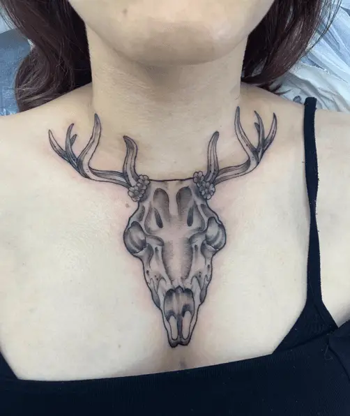 Deer Skull with Short Antler Chest Tattoo