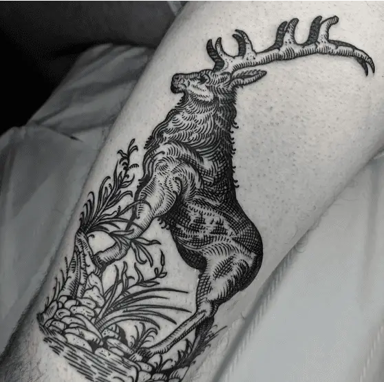 Side View Standing Deer at the Field Leg Tattoo