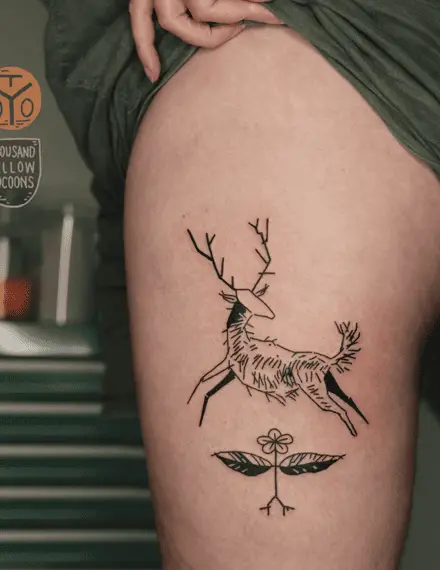 Line Work Deer Arm Thigh Tattoo