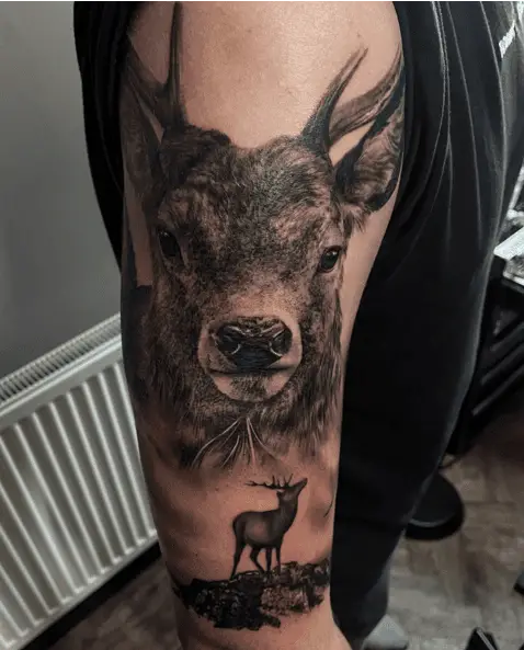 Deer is Looking Up at the Dear Head Upper Arm Tattoo