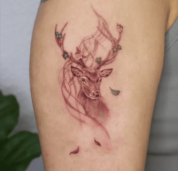 Red Deer with Flowers and Flying Leaves Upper Arm Tattoo