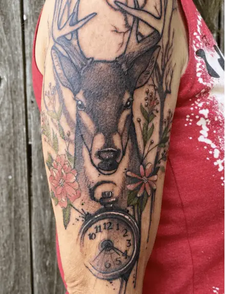 Colored Flowery Deer and a Clock Upper Arm Tattoo