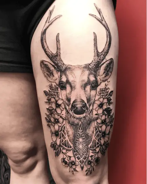 Deer with Flowers Thigh Tattoo