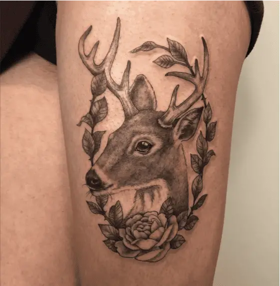Circle Rose with Leave Strands Female Deer Thigh Tattoo
