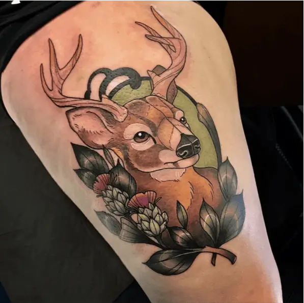 Colored Side Flower Deer Portrait Thigh Tattoo